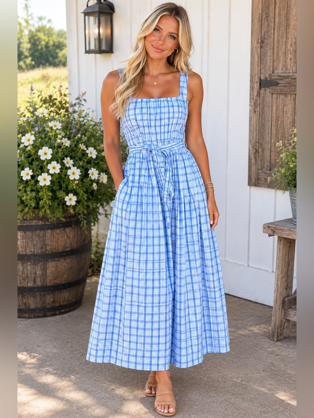 Blue Plaid Maxi midi Dress with Tie Waist and pockets